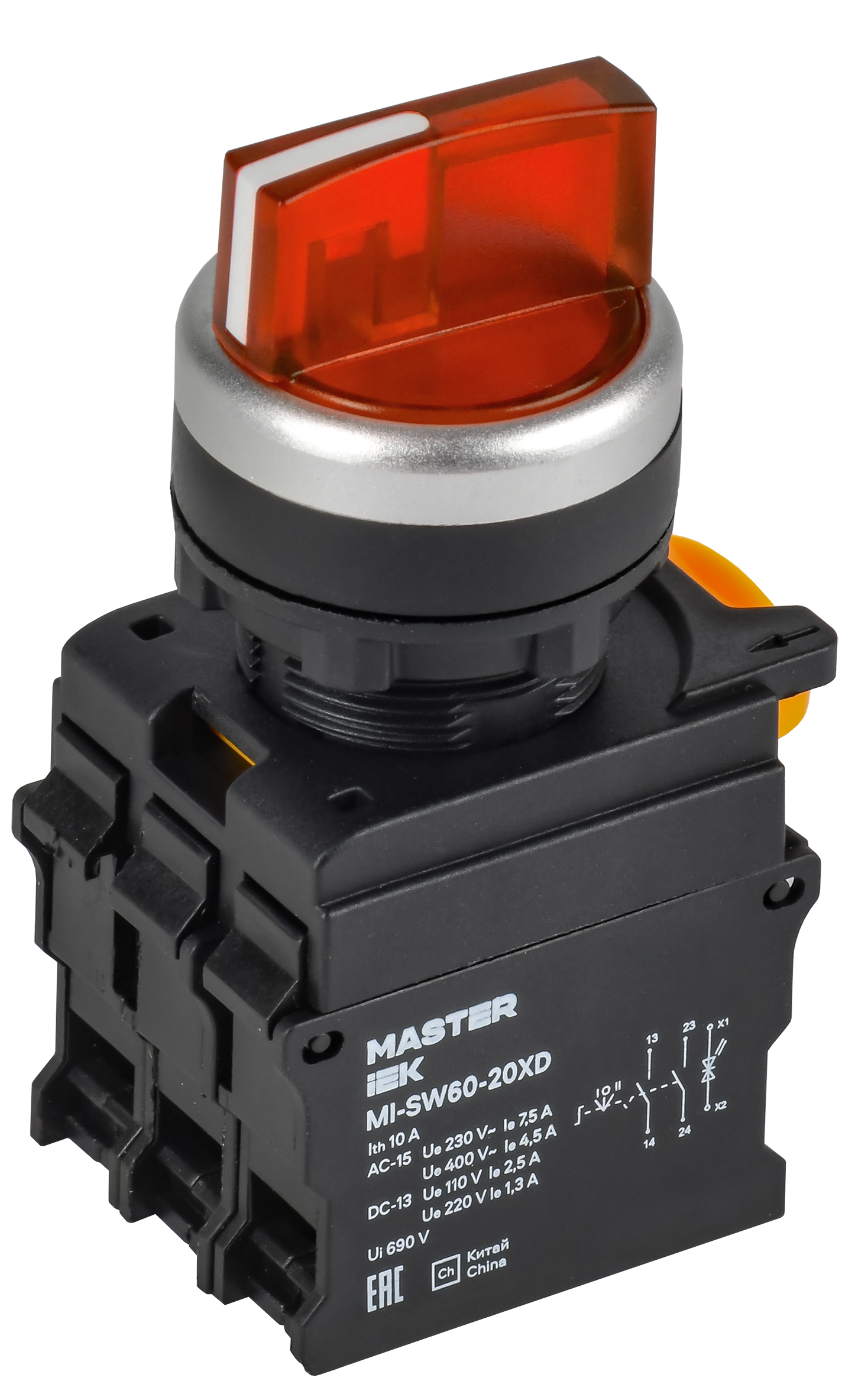 Переключатель с подсветкой 3 полож. 2NO красный MASTER