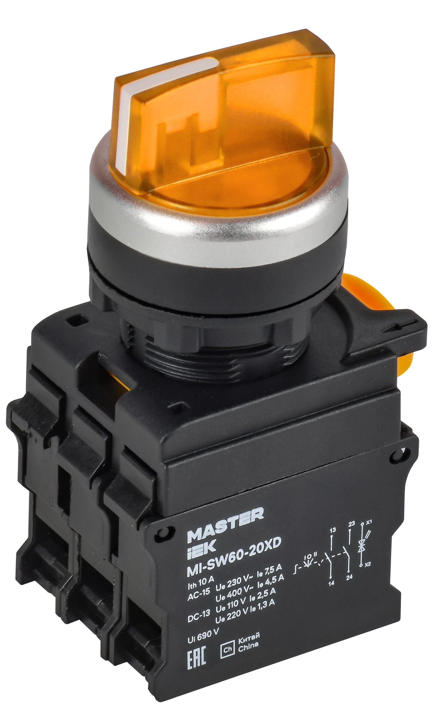 Переключатель с подсветкой 3 полож. 2NO жёлтый MASTER