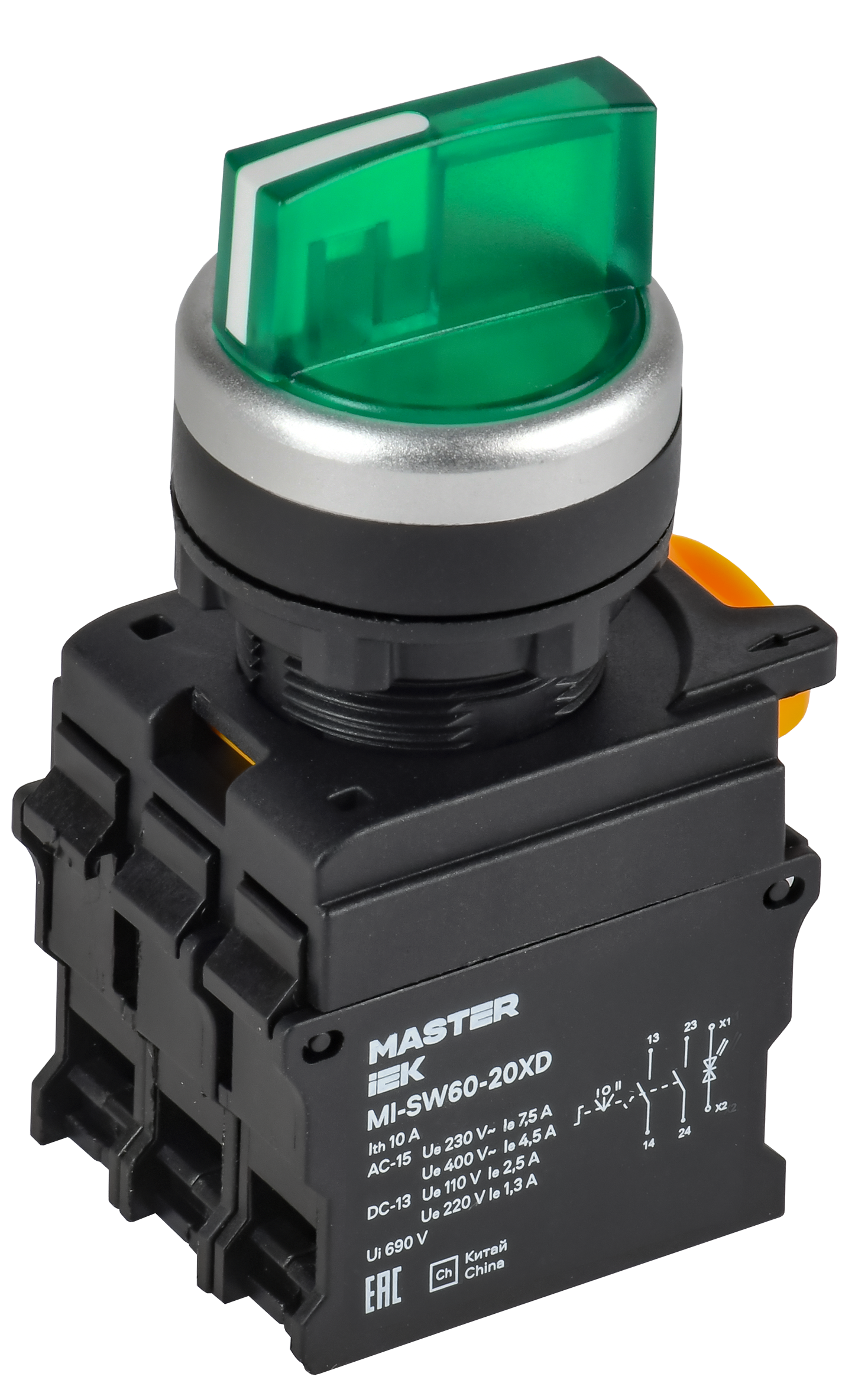 Переключатель с подсветкой 3 полож. 2NO зеленый MASTER