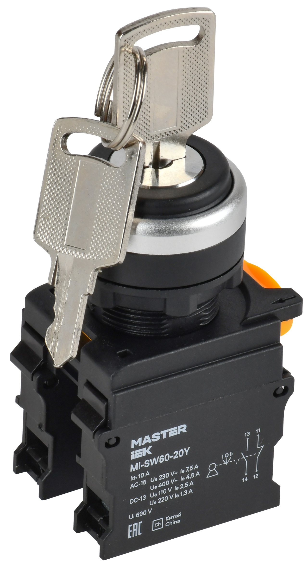 Переключатель с ключом на 3 положения 2NO чёрный MASTER