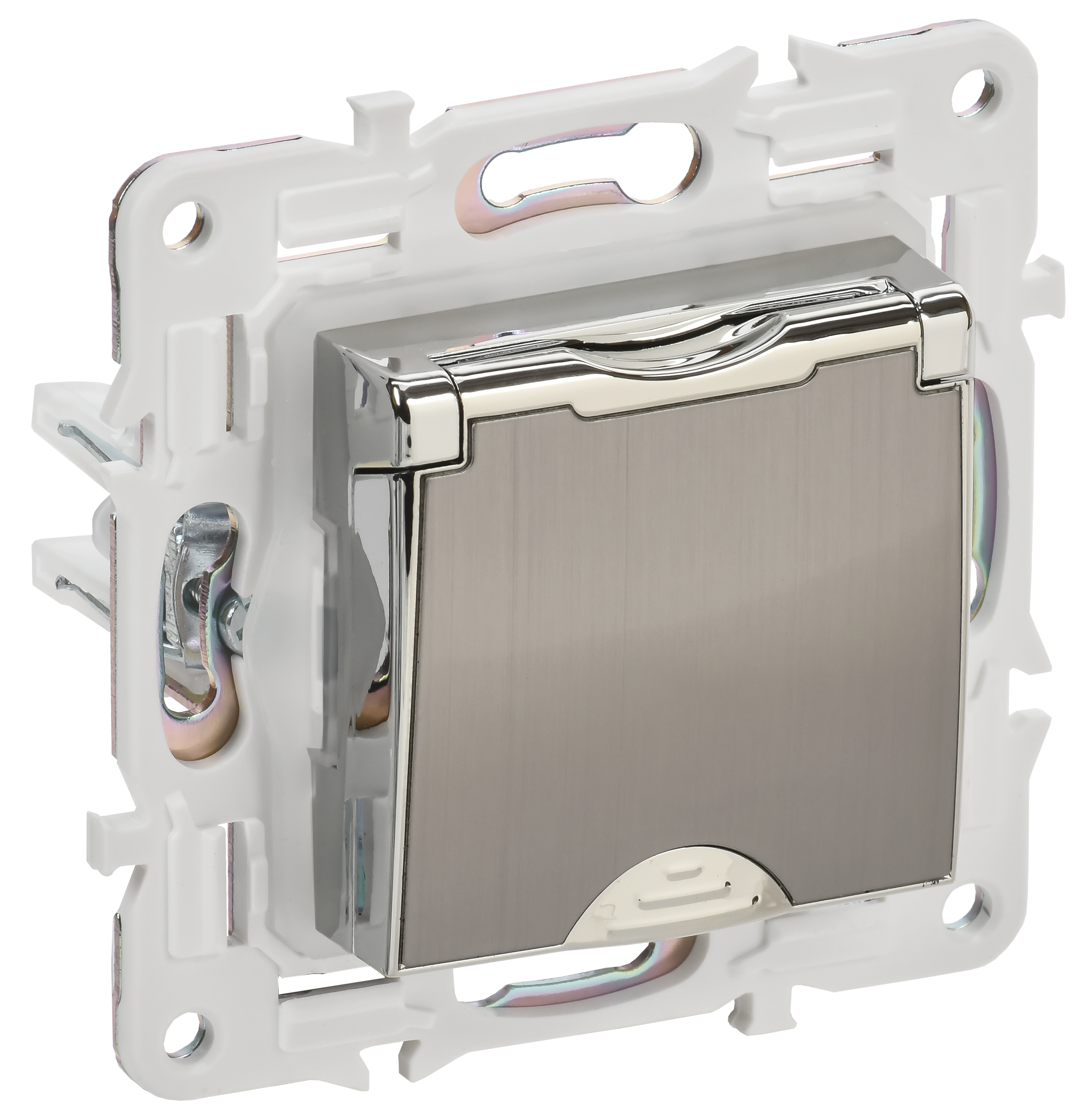 SKANDY Розетка 1-местная с заземлением с защитными шторками и крышкой 16А IP44 SK-R11N никель IEK