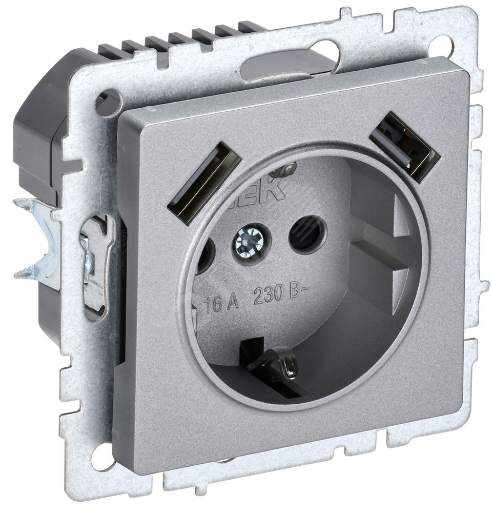 BRITE Розетка 1-местная с заземлением с защитными шторками 16А с USB A+A 5В 2,1А РЮш10-1-БрА алюминий