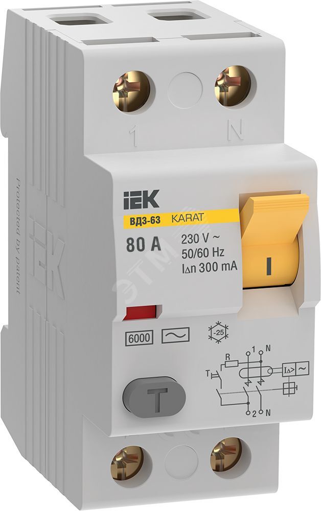 Изображение товара Выключатель дифференциальный IEK KARAT ВД3-63 80А 300мА тип AC