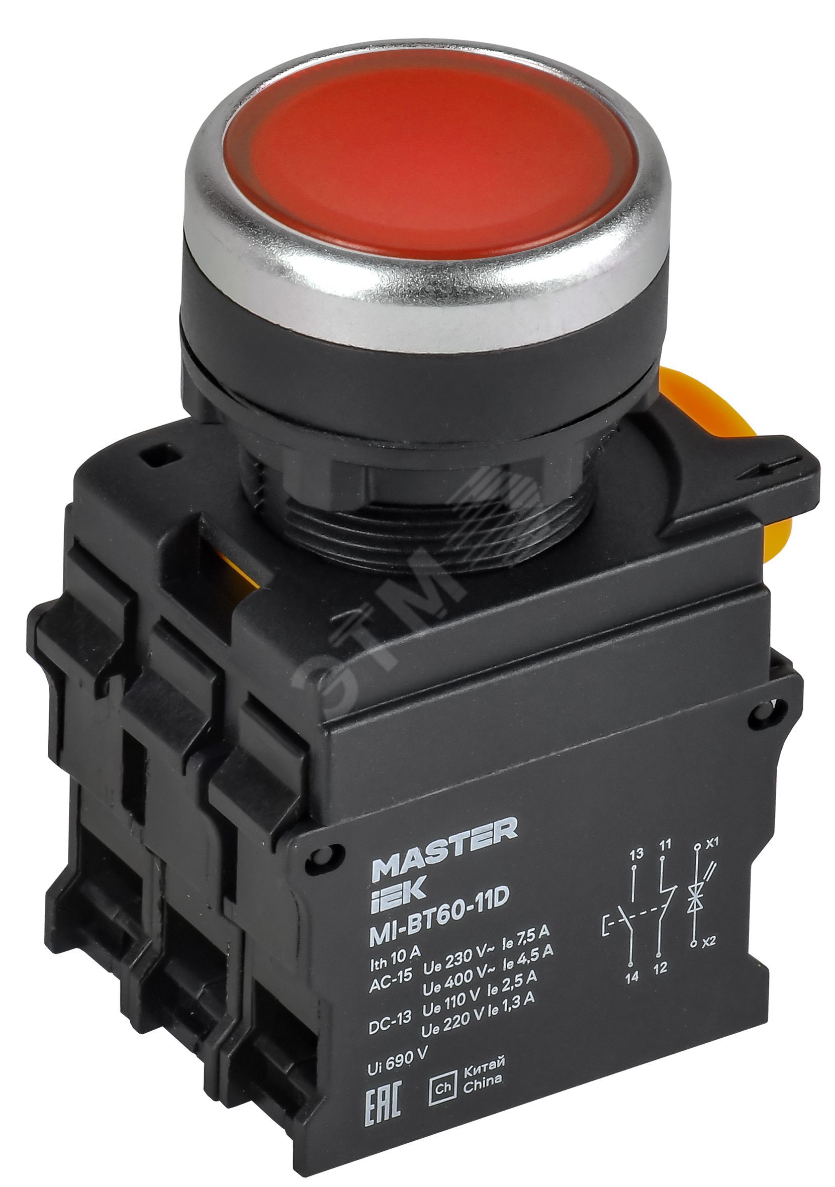 Изображение товара Кнопка с подсветкой d=22мм 1NO+1NC красная MASTER (шт)