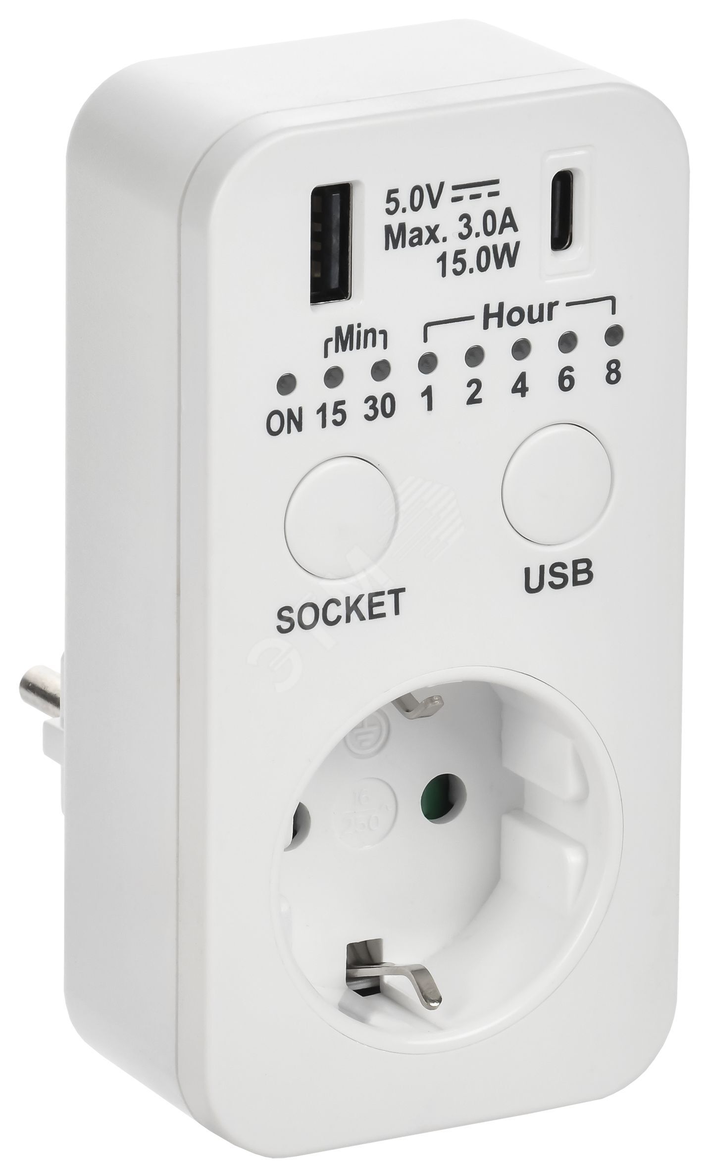 РТЭ-4 Розетка-таймер электронный с USB A+C 15мин-8ч 16А IP20 белый