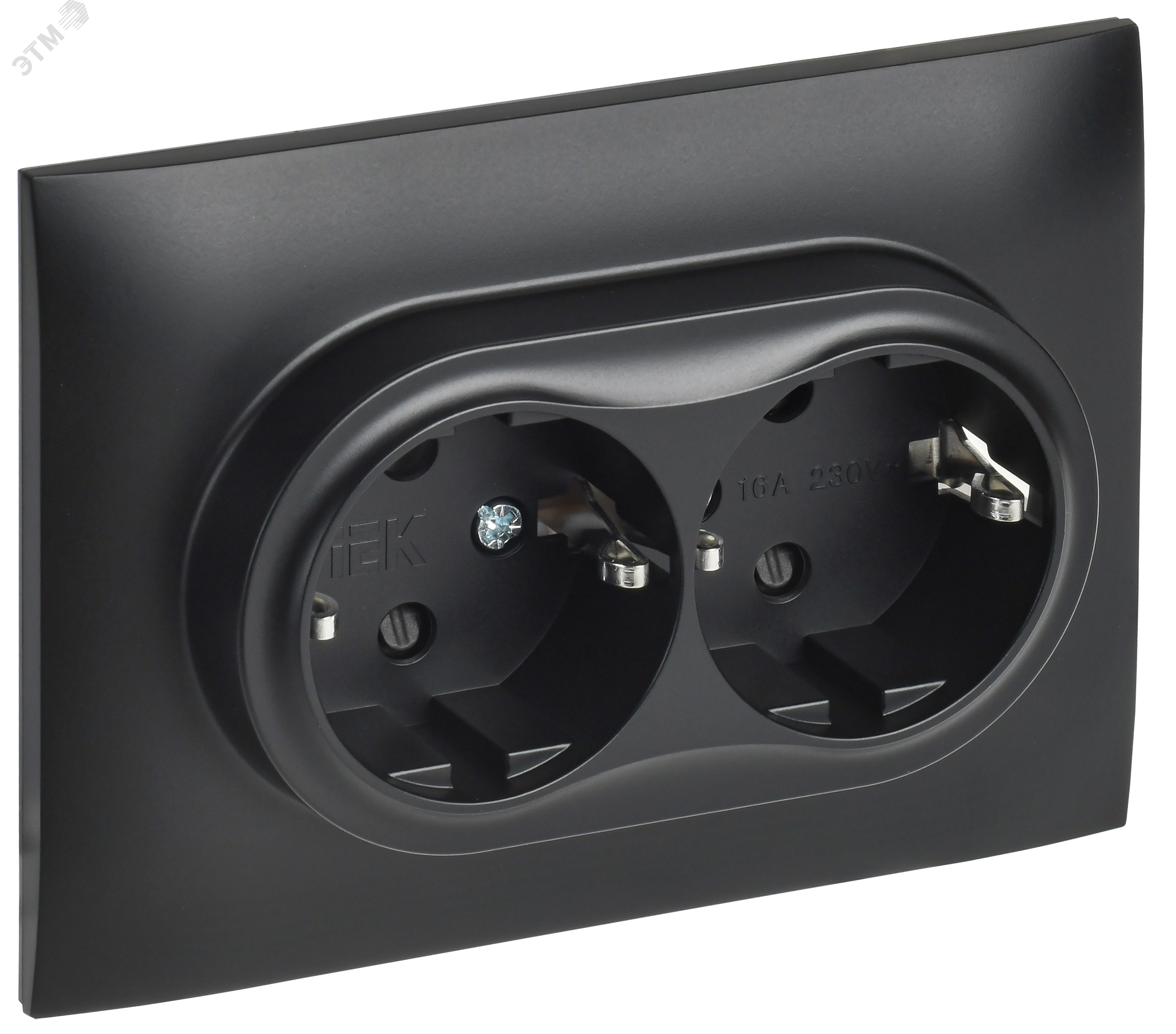 Изображение товара Розетка 2-местная с заземлением и защитными шторками SKANDY 16А черная IEK