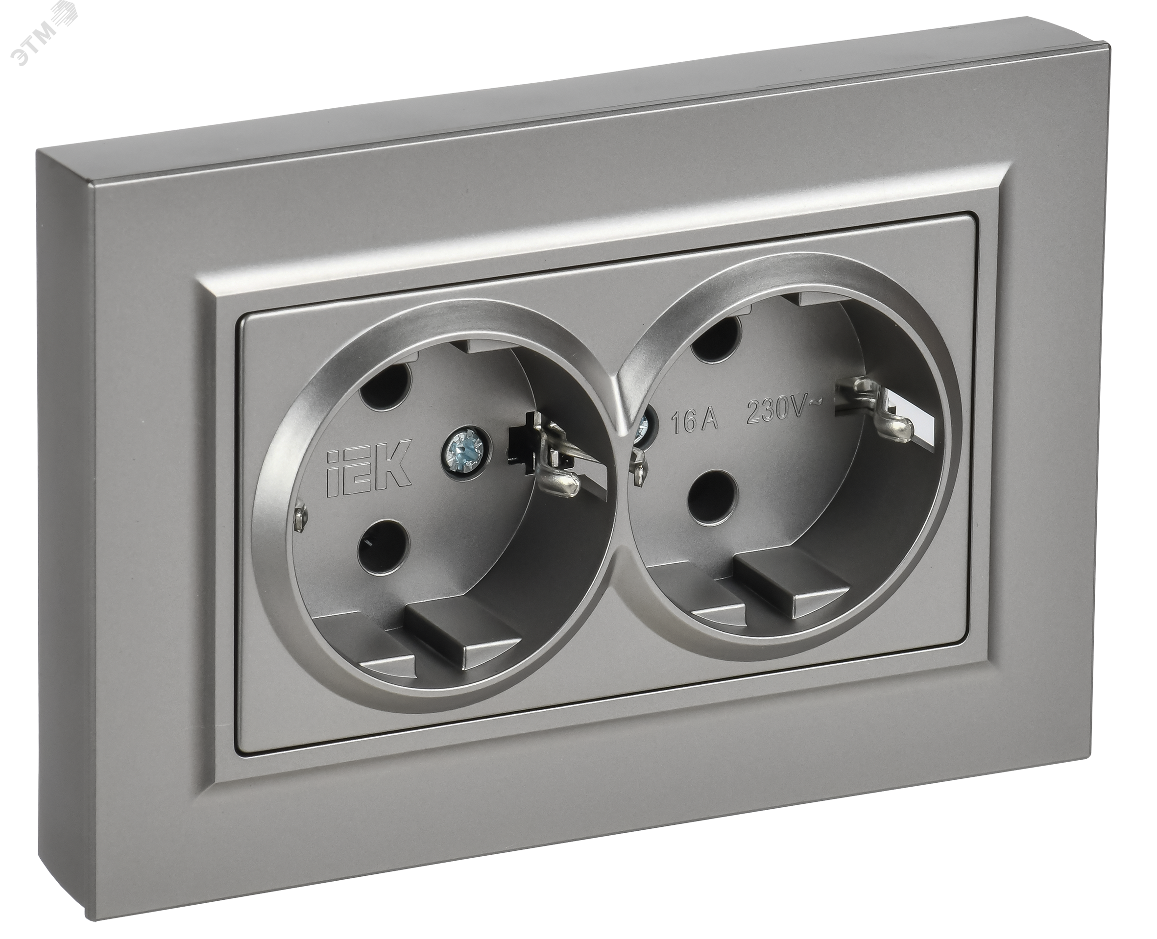 Изображение товара Розетка 2-местная с заземлением серия BRITE от IEK, сталь, IP20, 16А