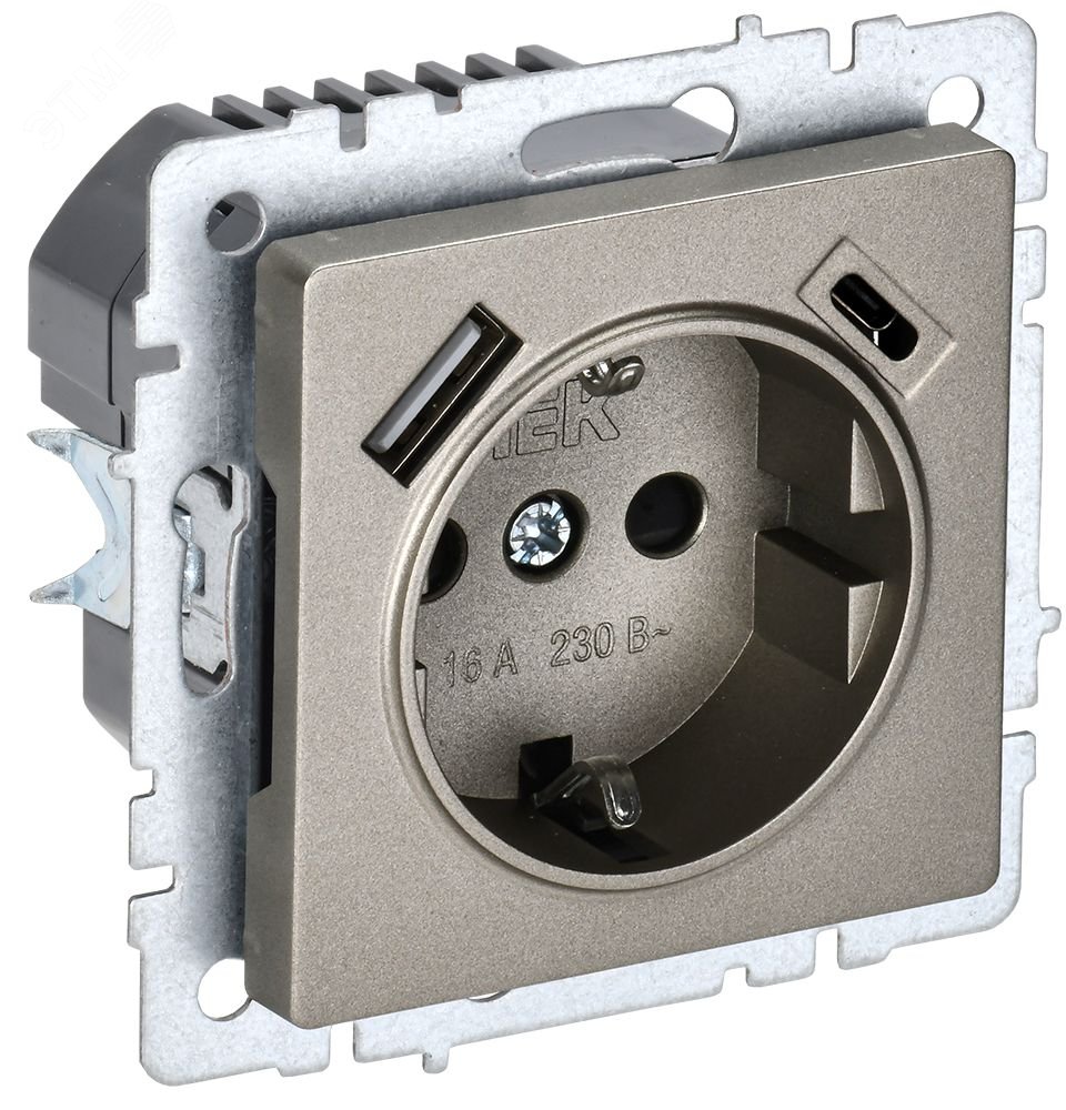 Изображение товара Розетка с заземлением BRITE RYш11-1-БрШ с USB 18Вт шампань