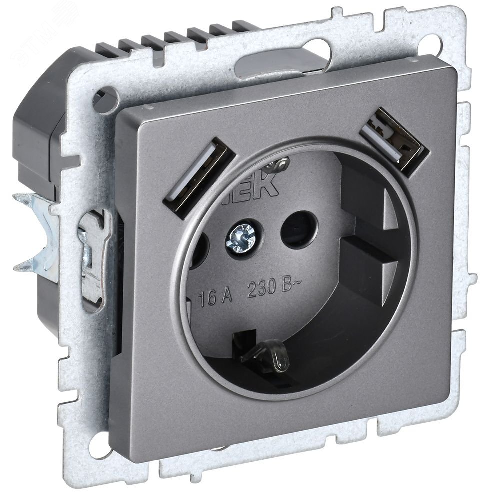 Изображение товара Розетка с заземлением и USB 16А сталь IEK BRITE RЮш10-1-БрС