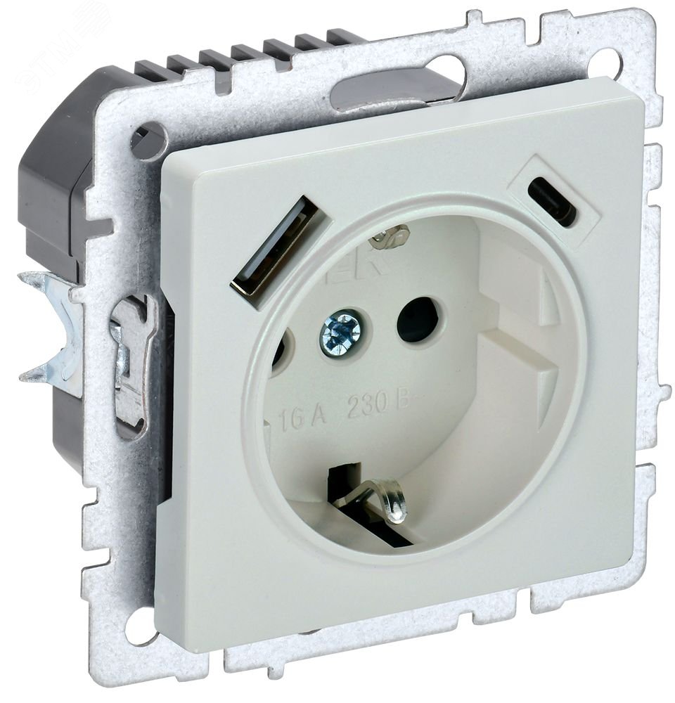 Изображение товара Розетка с заземлением и USB портами 16А серия BRITE IEK жемчуг