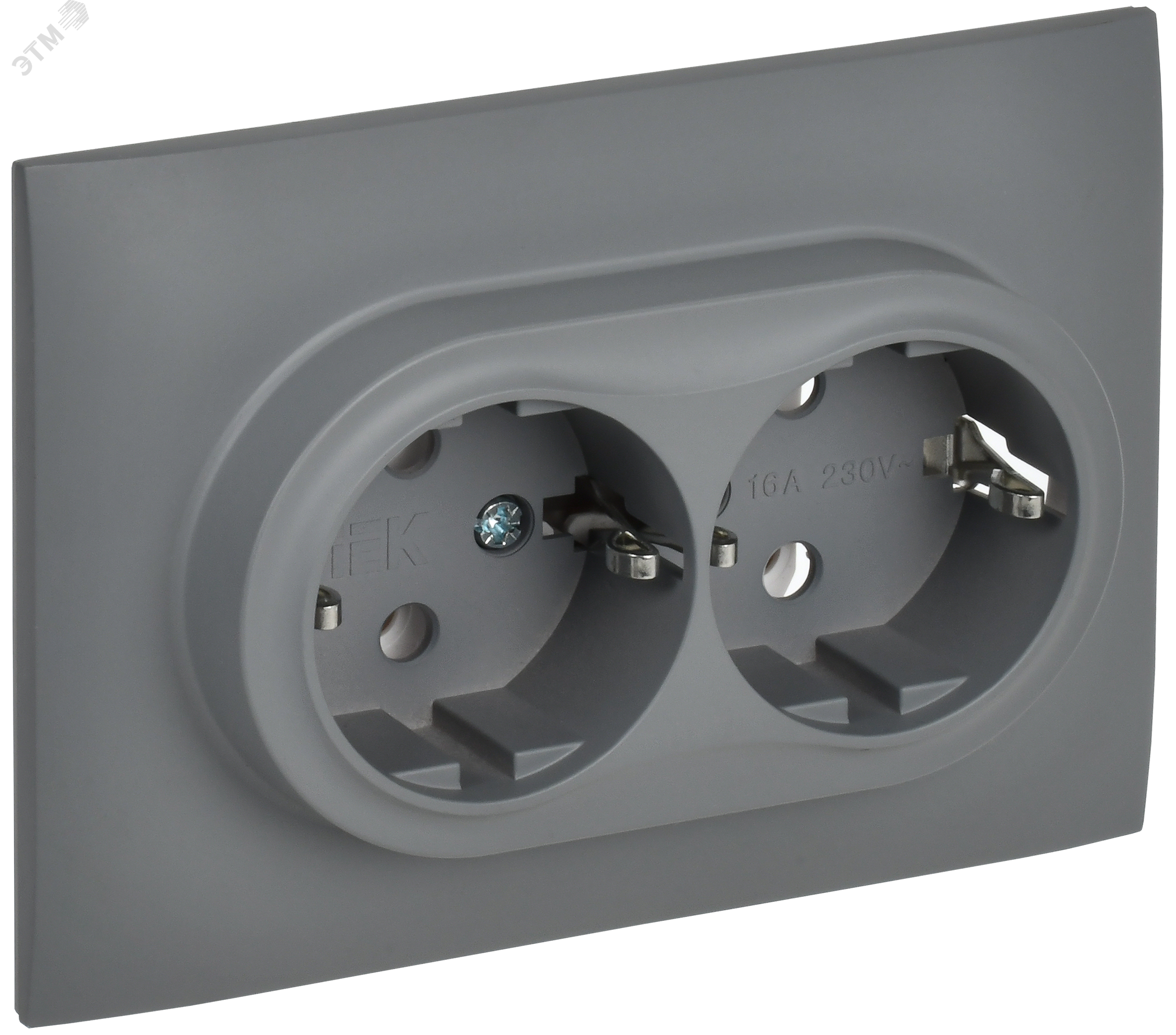 Изображение товара Розетка силовая двойная с заземлением без защитных шторок IP20 серый IEK SK-R08Gr