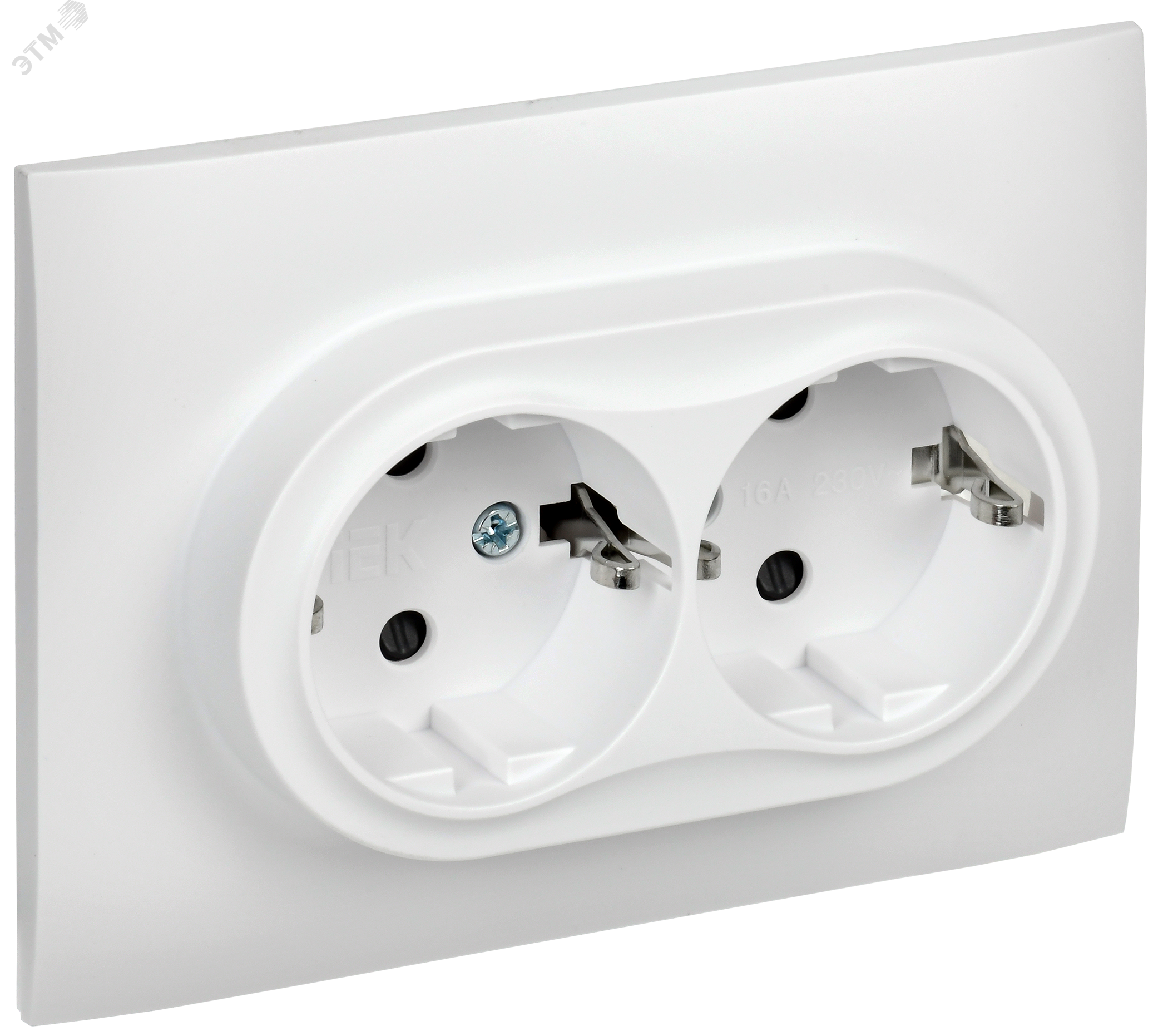 Изображение товара Розетка 2-местная с заземлением и защитными шторками SKANDY белая IEK