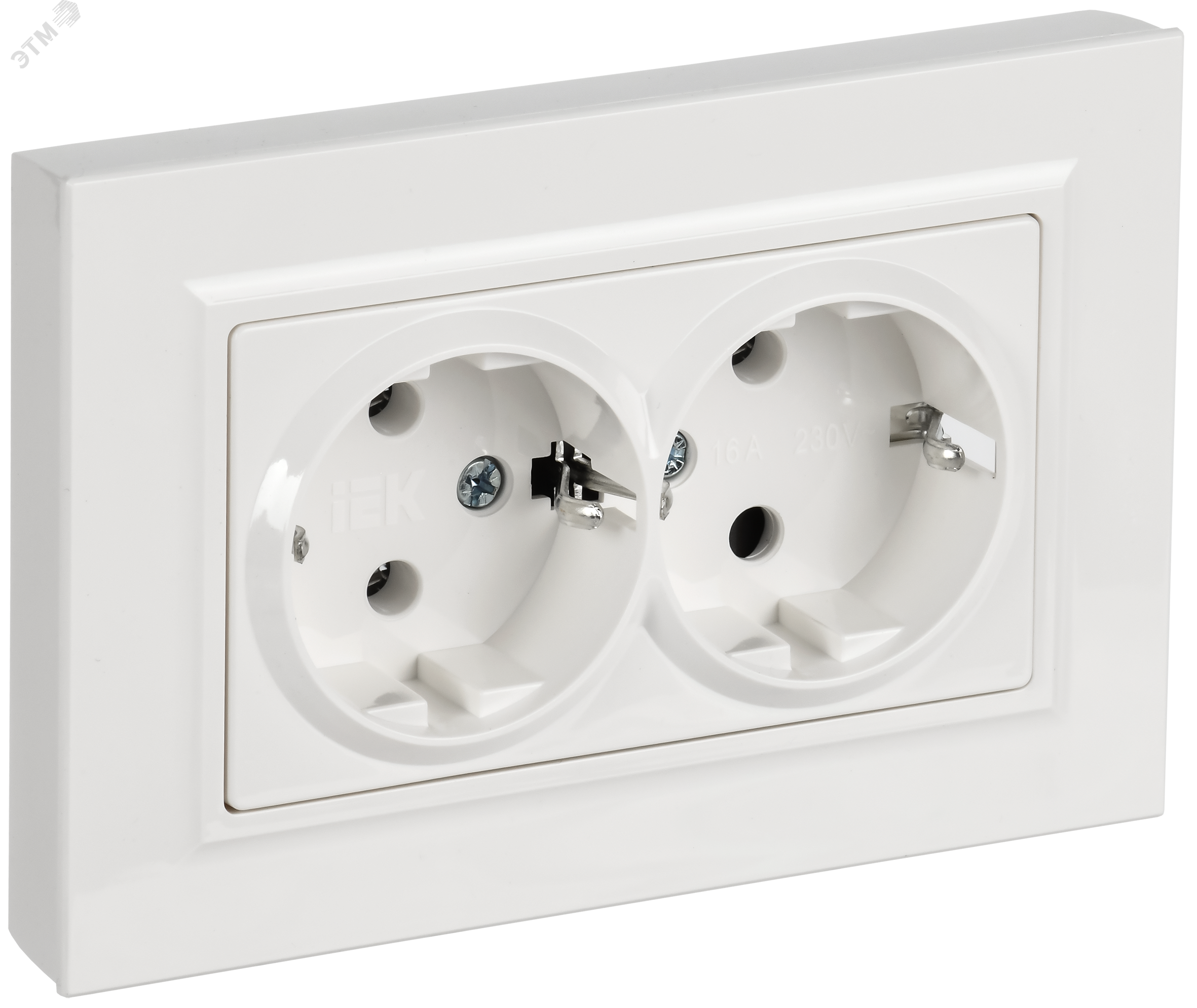 Изображение товара BRITE Розетка 2-местная с заземлением без защитных шторок плоская 16А в сборе РСПл12-3-БрБ белый IEK (шт)