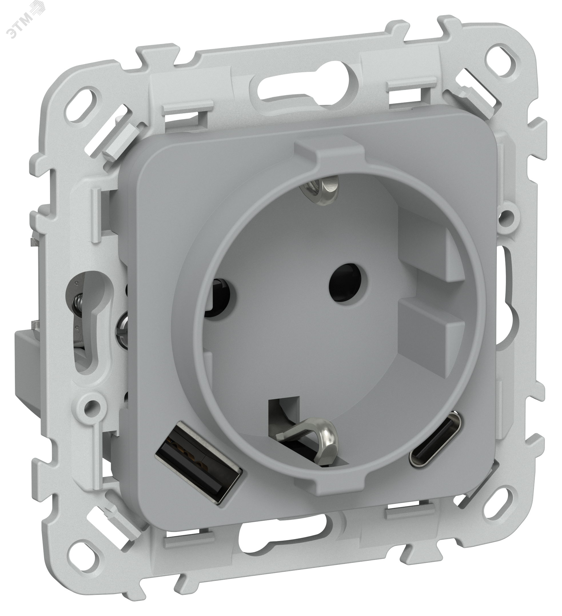Изображение товара Розетка с заземлением и USB IEK FLITE 16А серый безвинтовое крепление