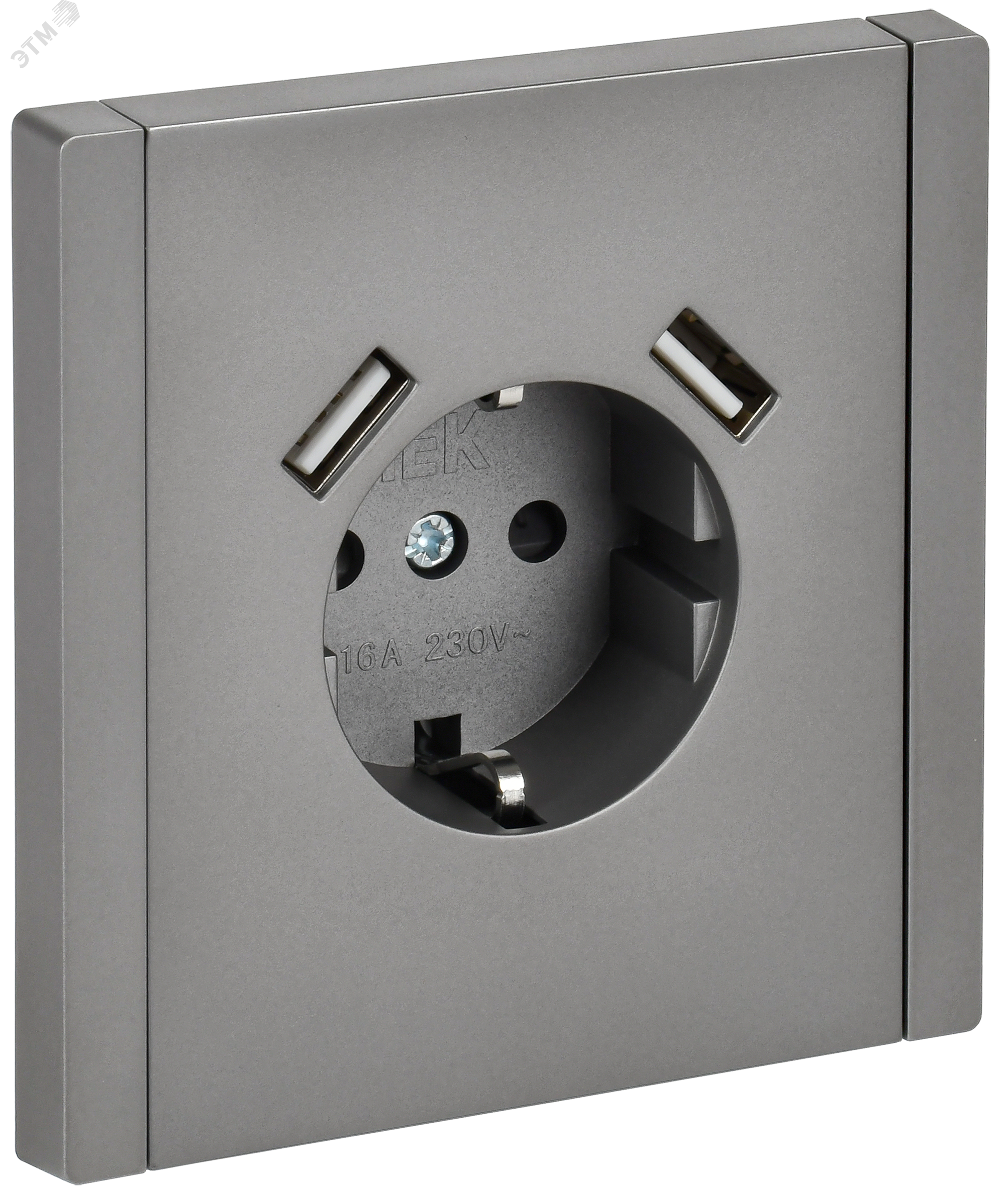 Изображение товара Розетка 1-местная с заземлением и защитными шторками, IP20, 16А, USB A+C 3,1А, сталь IEK FP545