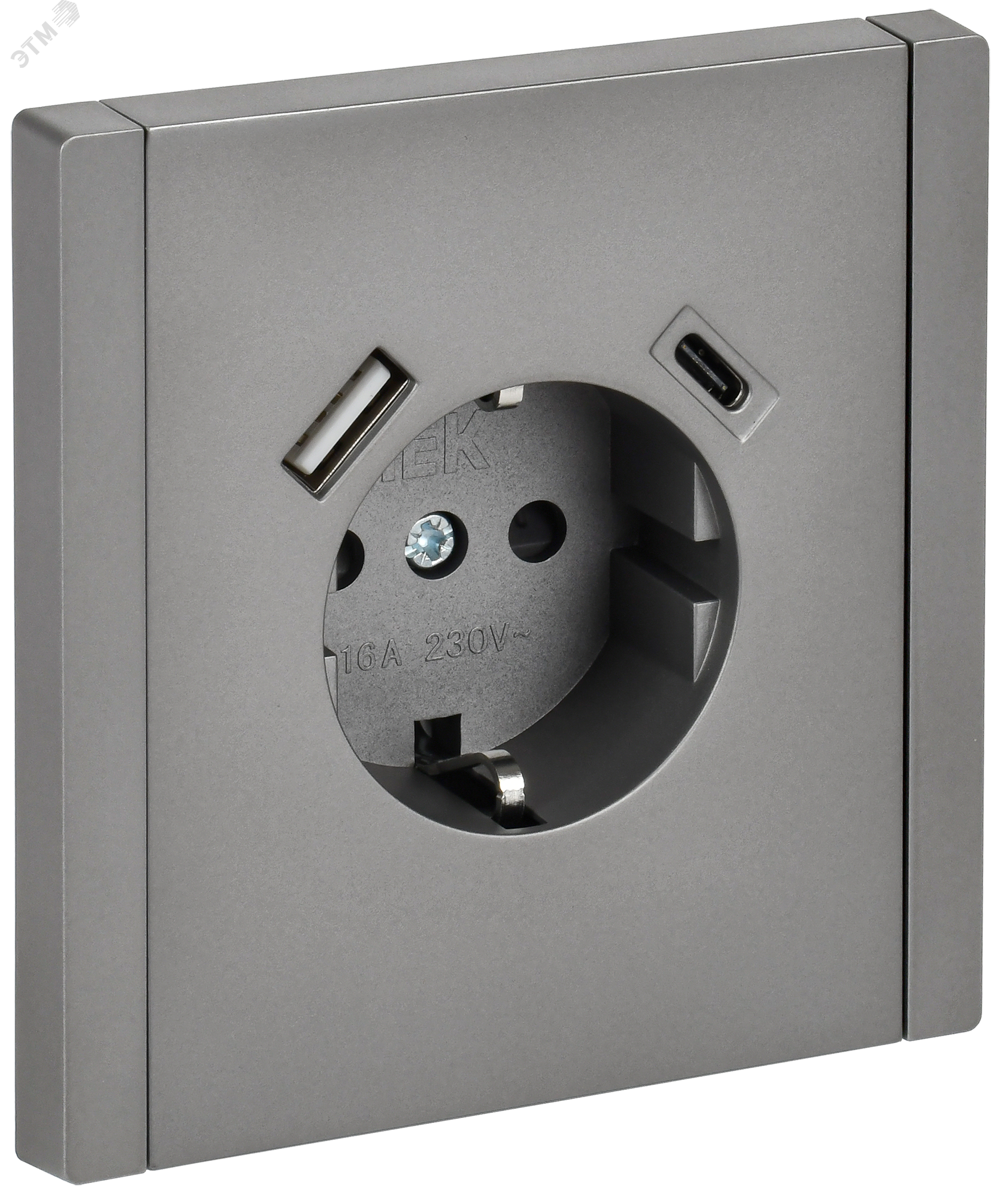 Изображение товара Розетка 1-местная с заземлением и USB для дома и офиса IEK FP547 Нержавеющая сталь