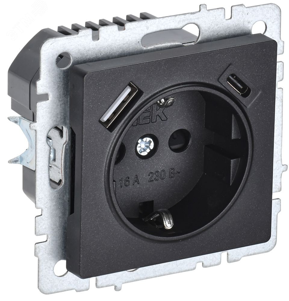 Изображение товара Розетка с заземлением 16А с USB A+C черная серия BRITE IEK RЮш11-1-БрЧ