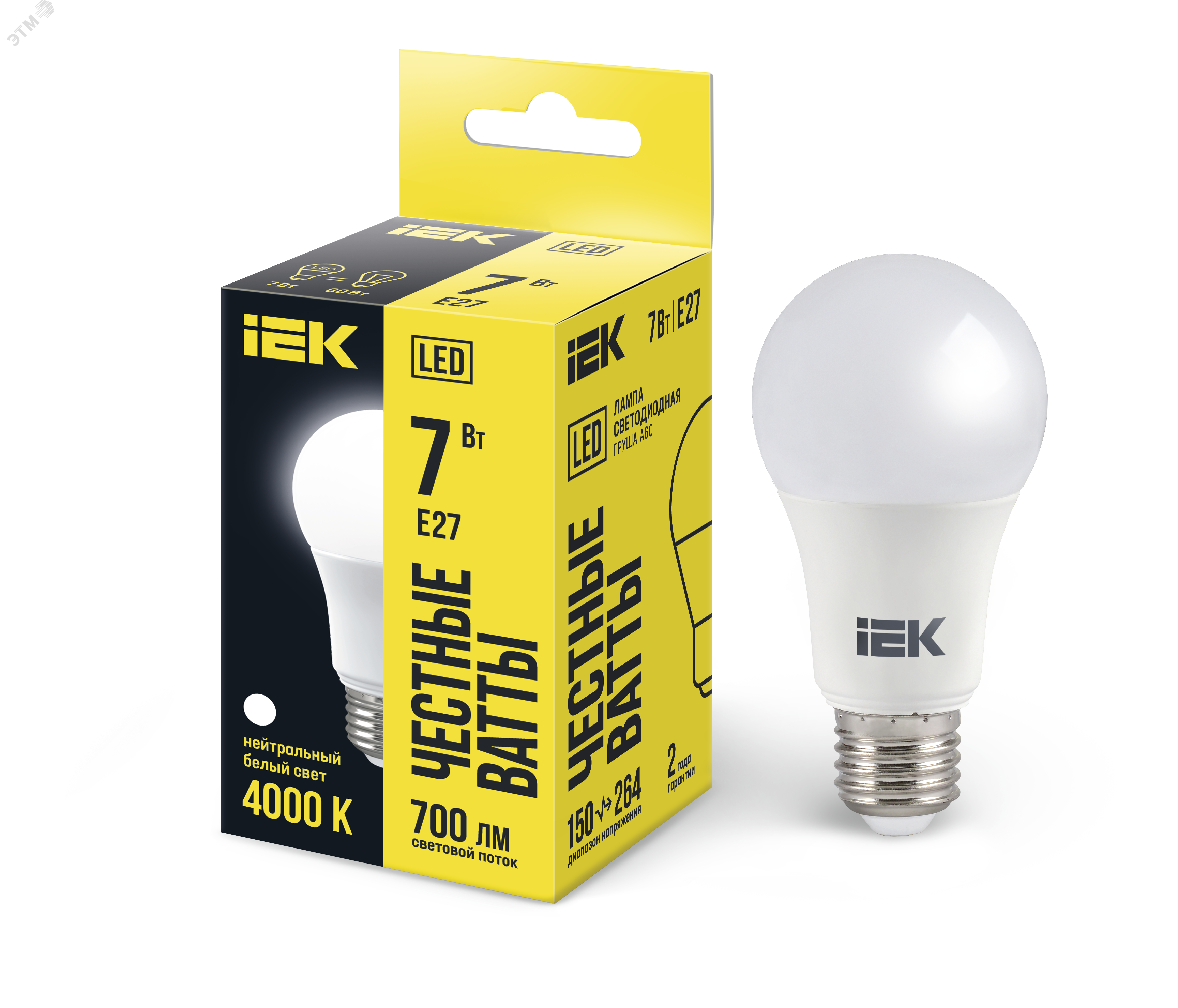 Изображение товара LED лампа A60 груша 7Вт 230В E27 белый свет IEK