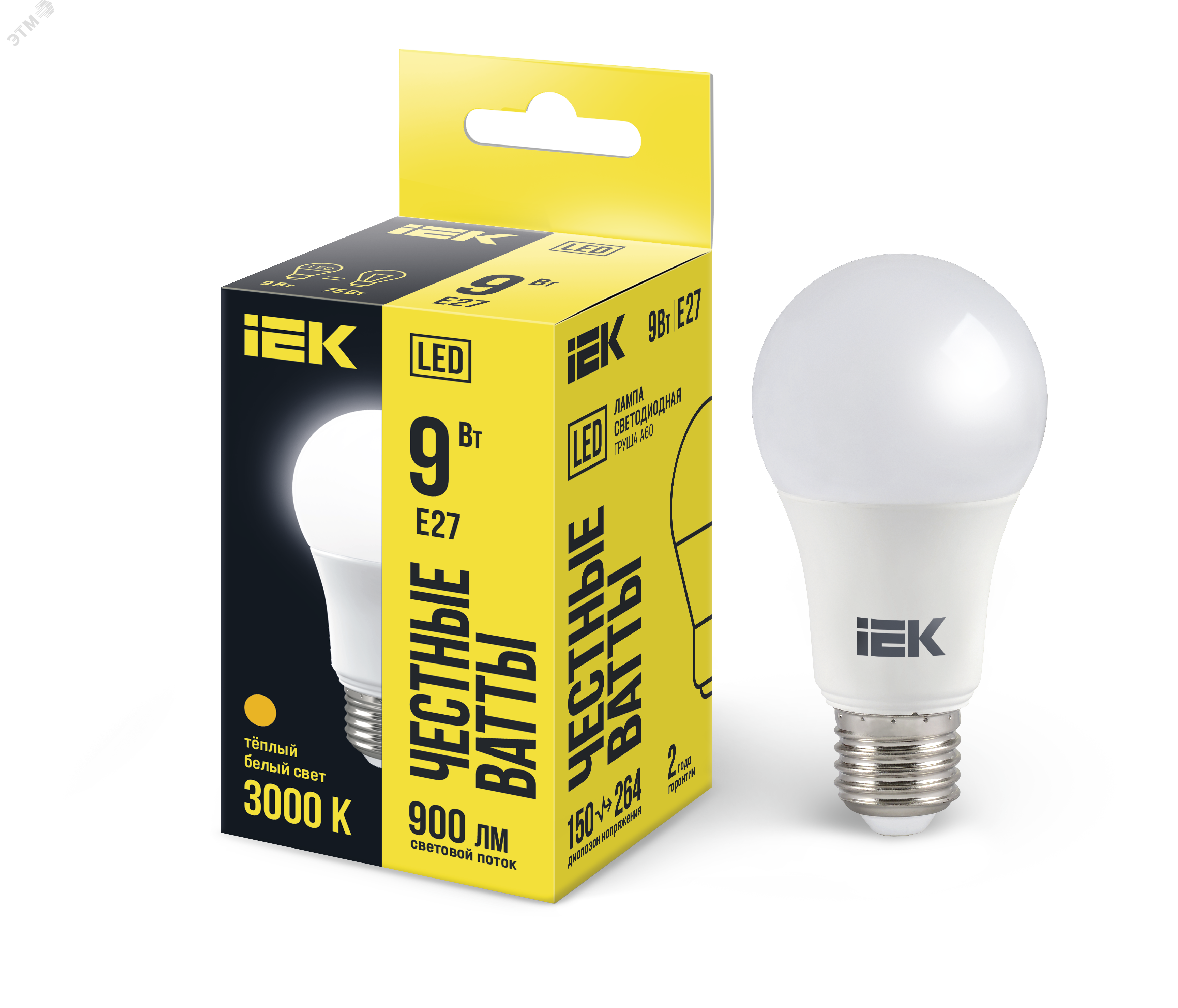 Изображение товара Лампа светодиодная A60 груша 9Вт 230В 3000К E27 IEK