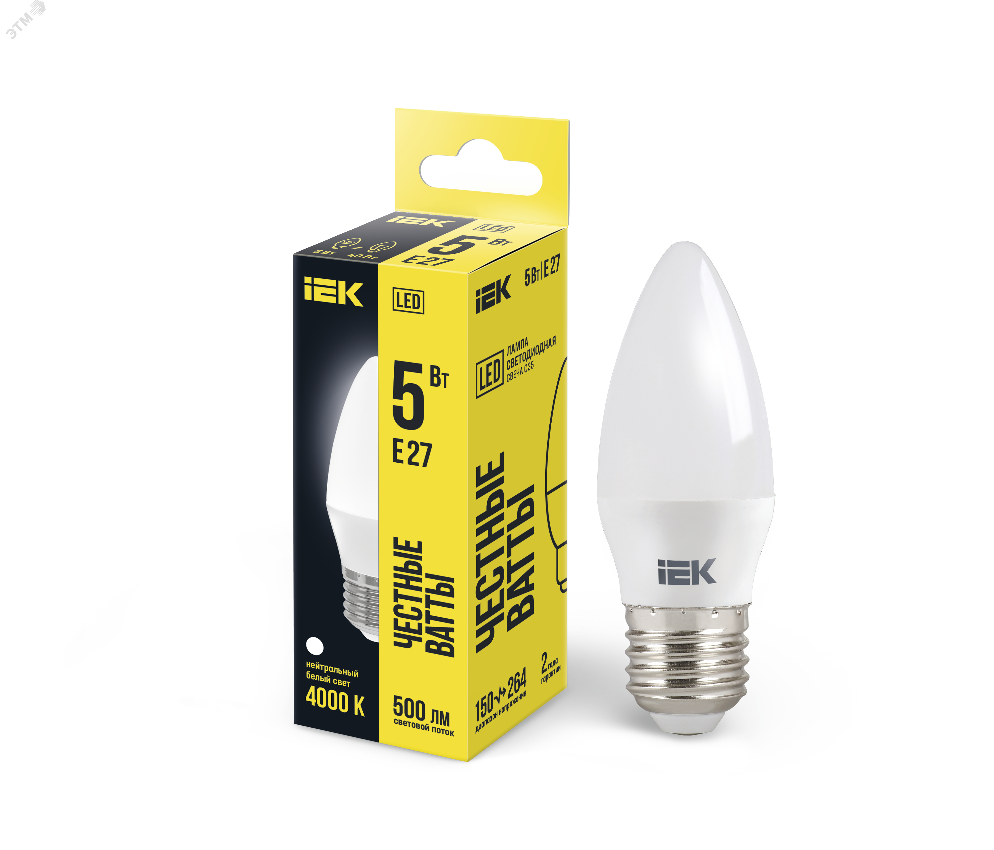 Изображение товара Лампа светодиодная свеча 5Вт E27 IEK 4000K LED лампа для внутреннего наружного освещения