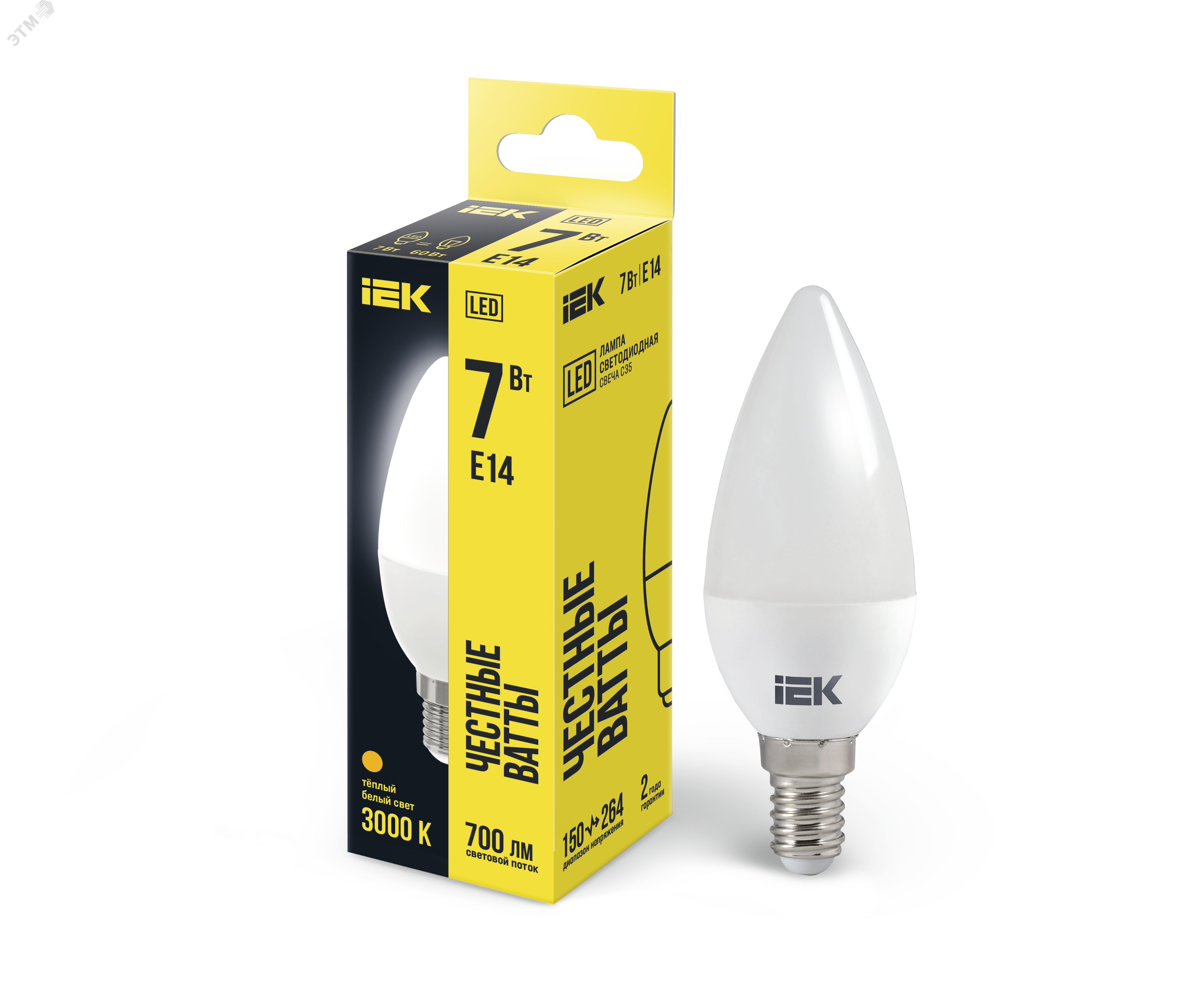 Изображение товара Лампа светодиодная C35 свеча 7Вт 230В E14 Теплый белый IEK