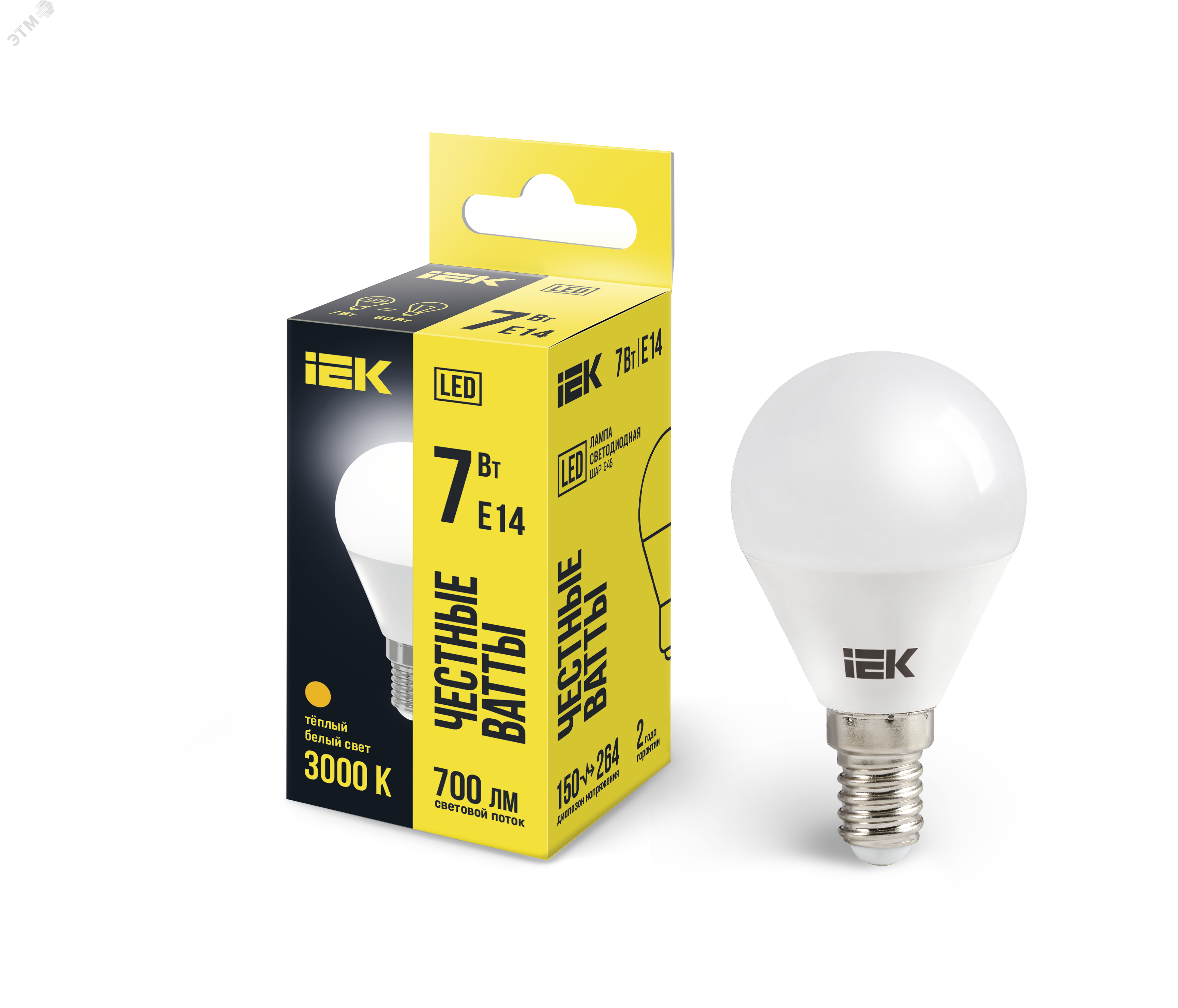 Изображение товара LED лампа G45 7Вт 230В 3000К E14 IEK шарообразная теплая белая
