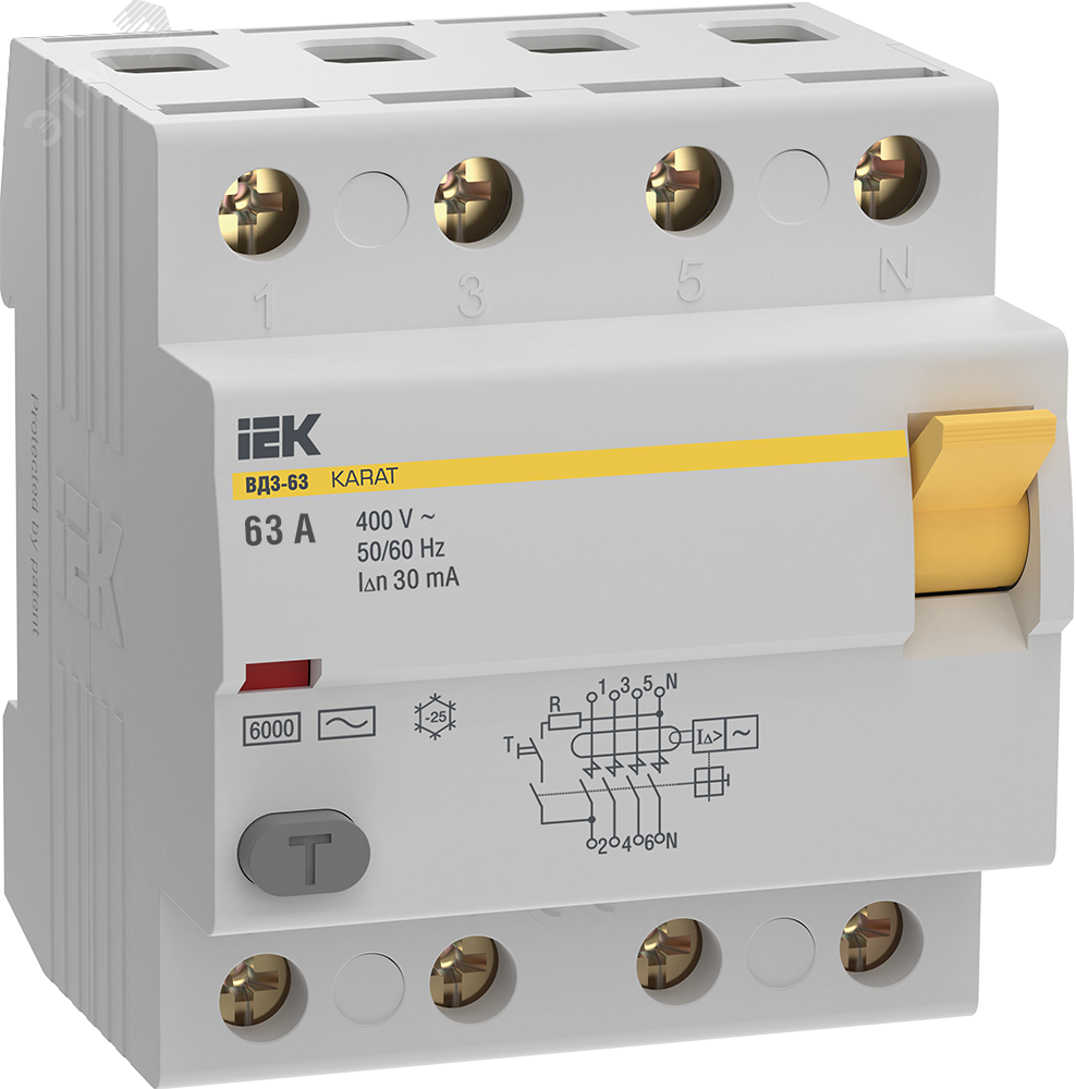 Изображение товара Выключатель дифференциальный KARAT ВД3-63 4P 63А 30мА 6кА тип AC