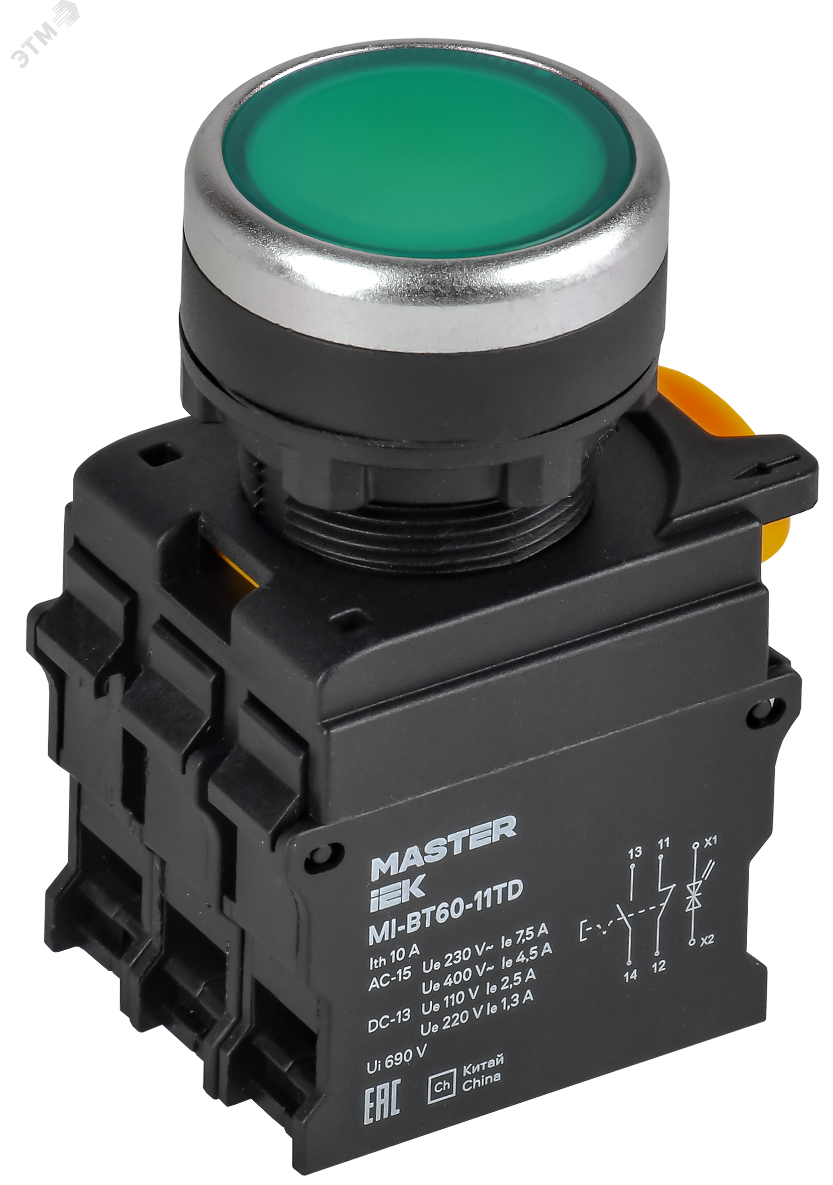 Изображение товара Кнопка с подсветкой и фиксированием д.22мм 1NO+1NC зелёная MASTER IEK
