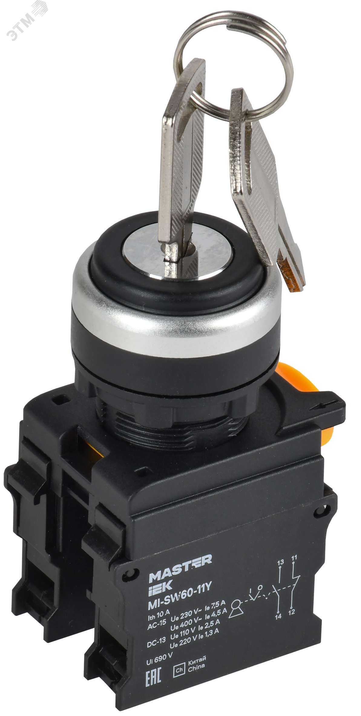 Изображение товара Переключатель с ключом 2 положения 1NO+1NC MASTER IEK IP54 660В монтажная плата