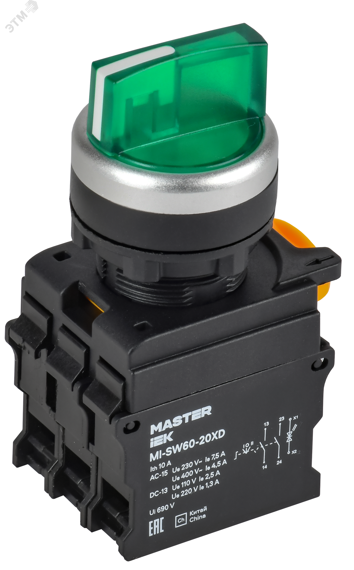 Изображение товара Переключатель с подсветкой 3 положительных контакта 2NO зеленый MASTER IEK