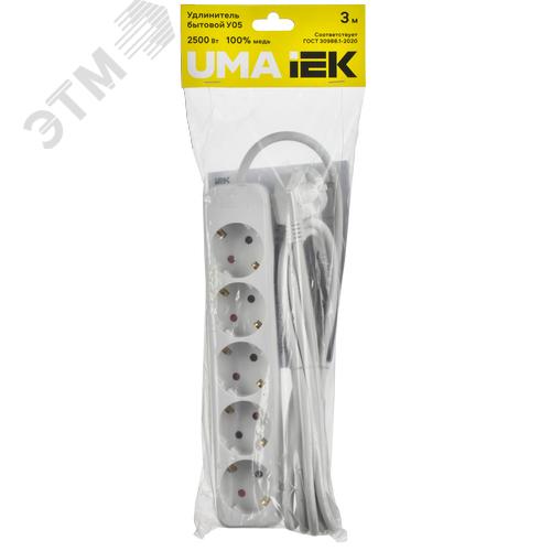 Удлинитель UMA У05 5 мест 2P+PE 3м 3х1мм2 10А белый - фото 2