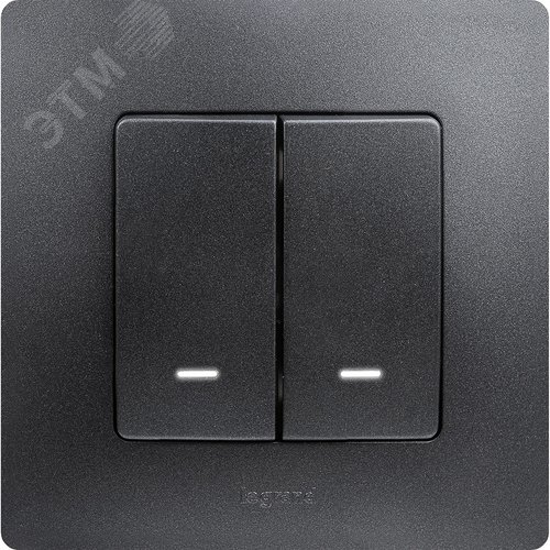 Выключатель 2-клавишный с подсветкой/индикацией 10А безвинтовое крепление антрацит ETIKA - фото 2