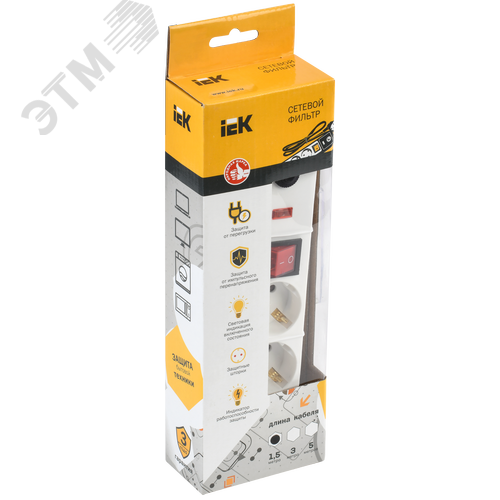 Фильтр сетевой с выключателем СФ-03К 3 розетки с заземлением шнур 1.5 м - фото 2