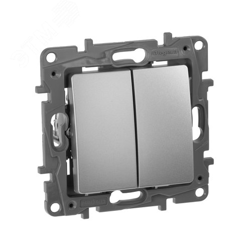 Выключатель 2-клавишный 10А безвинтовое крепление алюминий ETIKA - фото 1