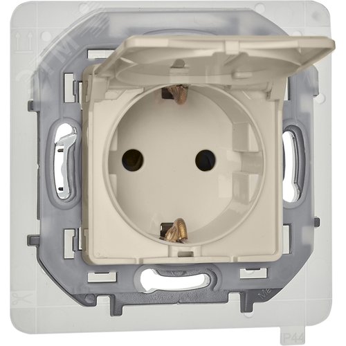 Изображение товара Розетка 1-местная с заземлением с защитными шторками и крышкой 16А IP44 слоновая кость INSPIRIA (шт)