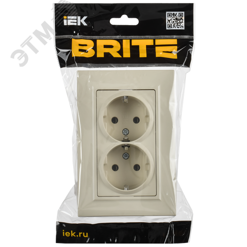 BRITE Розетка 2-местная с заземлением без защитных шторок плоская 16А в сборе РСПл12-3-БрКр бежевый IEK - фото 2
