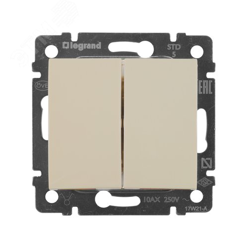 Выключатель 2-клавишный схема 5 10А безвинтовое крепление слоновая кость VALENA - фото 3