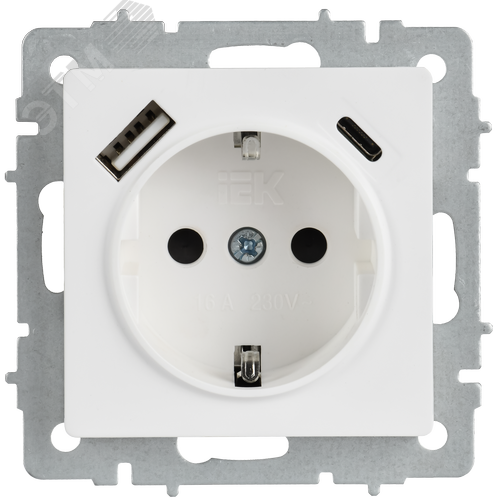 BRITE Розетка 1-местная с заземлением с защитными шторками 16А с USB A+C 18Вт РЮш11-1-БрАБ арктический белый IEK - фото 2