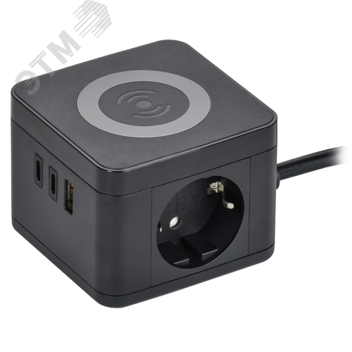 Изображение товара DOMINIC Удлинитель с беспроводной зарядкой 10Вт У02К 2 места 2P+PE 1,3м 3х1,0мм2 16А/250В USB A+C черный IEK (шт)