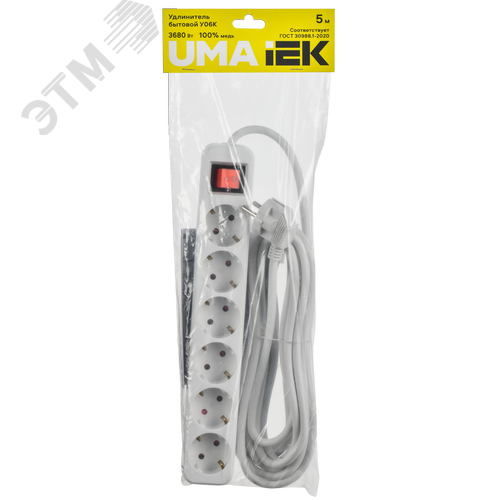 UMA Удлинитель У06К 6 мест 5м 3х1,5мм2 16А бел. IEK с кнопкой - фото 2