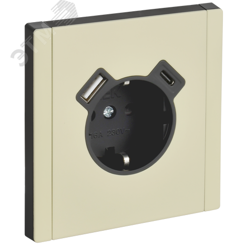 Изображение товара FORTE&PIANO Розетка 1-местная с заземлением с защитными шторками винтовое крепление 16А USB A+C 18Вт FP847M металл слоновая кость IEK (шт)