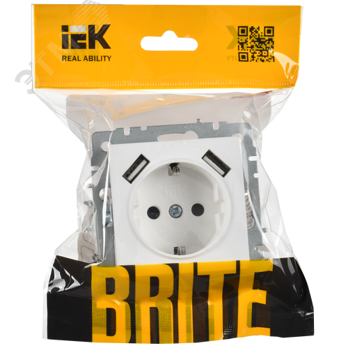 BRITE Розетка 1-местная с заземлением с защитными шторками 16А с USB A+A 5В 2,1А РЮш10-1-БрАБ арктический белый IEK - фото 6