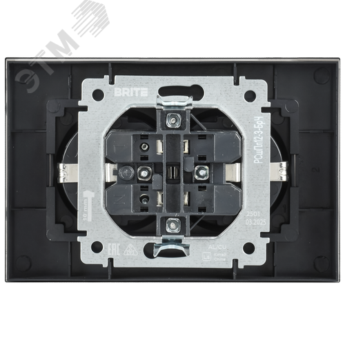 BRITE Розетка 2-местная с заземлением с защитными шторками плоская 16А в сборе РСшПл12-3-БрЧ черный IEK - фото 3