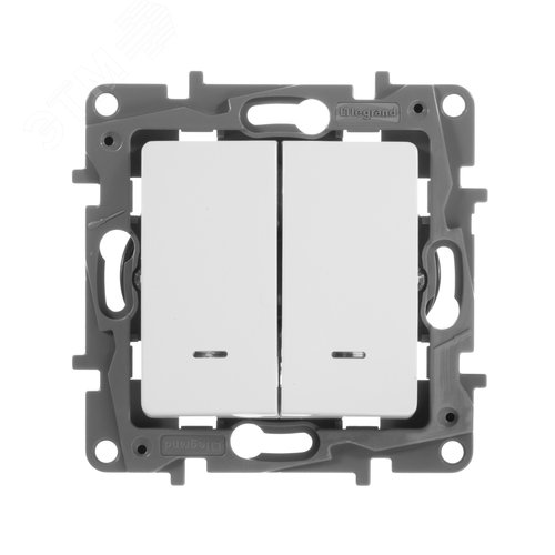Выключатель 2-клавишный проходной с подсветкой/индикацией 10А безвинтовое крепление белый ETIKA - фото 2