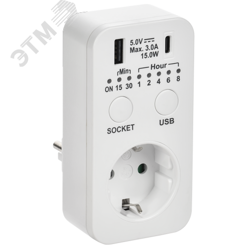 Изображение товара РТЭ-4 Розетка-таймер электронный с USB A+C 15мин-8ч 16А IP20 белый IEK (шт)