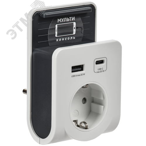 Адаптер Т-03/01 1 место 2P+PE 16А 2хUSB A+C 20Вт с подставкой бело-черный IEK - фото 1