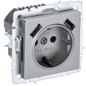 Изображение товара BRITE Розетка с заземлением с защитными шторками 16А с USB A+A 2,1А РЮш10-1-БрА алюминий (шт)