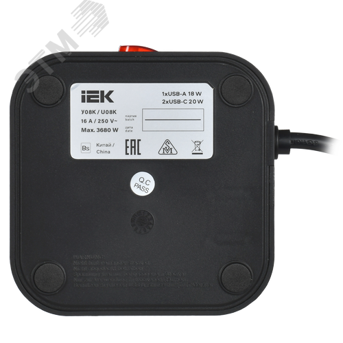 DOMINIC Удлинитель У08K 8 мест 2P+PE 1,5м 3х1,0мм2 16А/250В USB A+C 20Вт черный IEK - фото 4