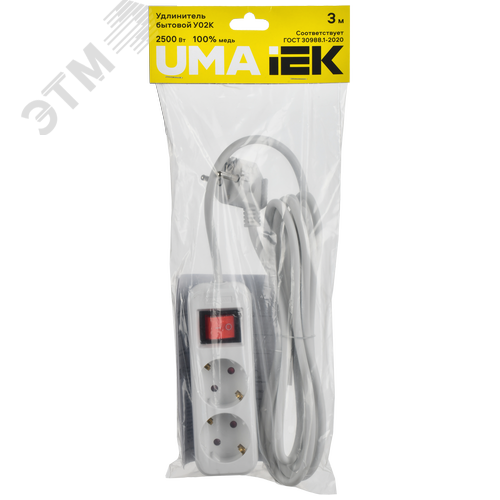 UMA Удлинитель У02К 2 места 3м 3х1мм2 10А бел. IEK с кнопкой - фото 2
