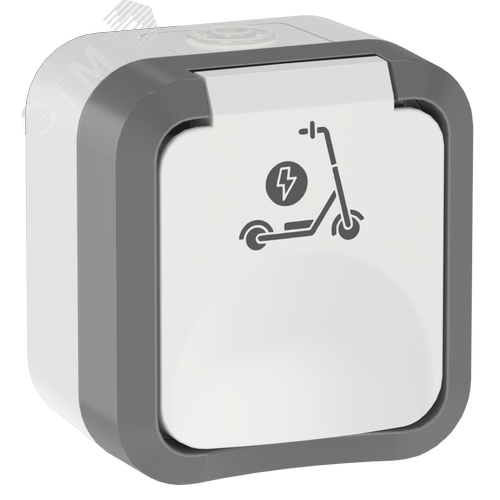 TORS Розетка 1-местная с заземлением защитными шторками и крышкой с иконкой самокат 16А IP55 TS321 серо-белый IEK - фото 1